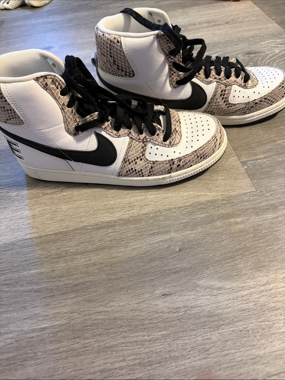 Nike Women’s High-Top Sneakers in White, Black and Brown Snake-Print